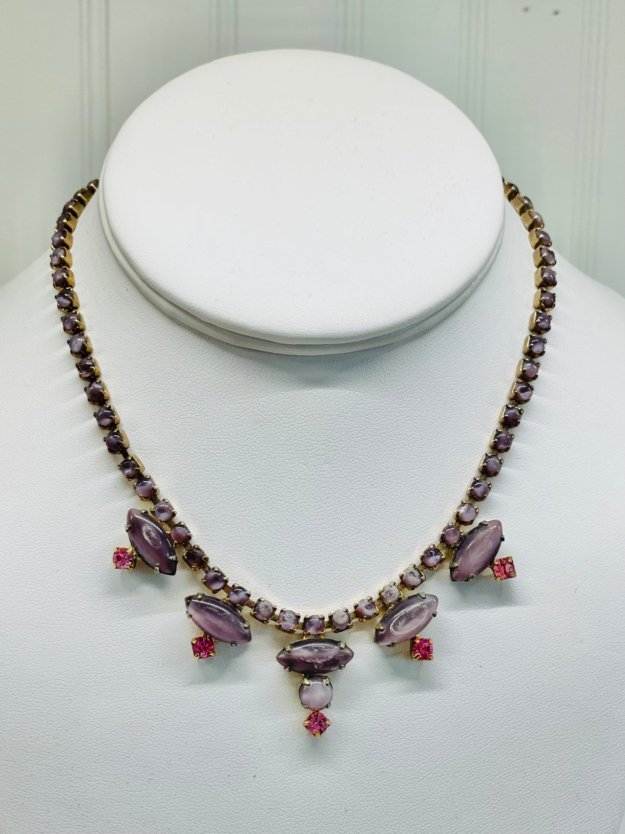 1960s Lavender Purple Frosted Rhinestone Necklace Jewelry Bloomers and Frocks 