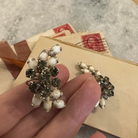 Thumbnail for 1960s Milk glass and Gray Rhinestone Clip Earrings Jewelry Bloomers and Frocks 