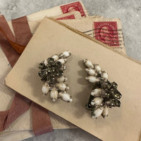 Thumbnail for 1960s Milk glass and Gray Rhinestone Clip Earrings Jewelry Bloomers and Frocks 