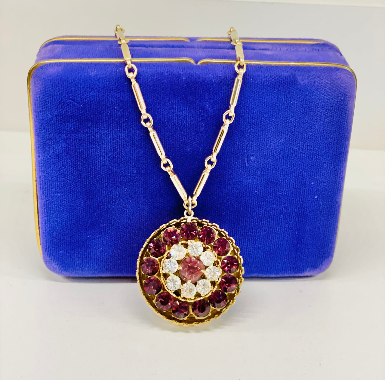 1960s Purple Rhinestone Circle Pendant Necklace Jewelry Bloomers and Frocks 