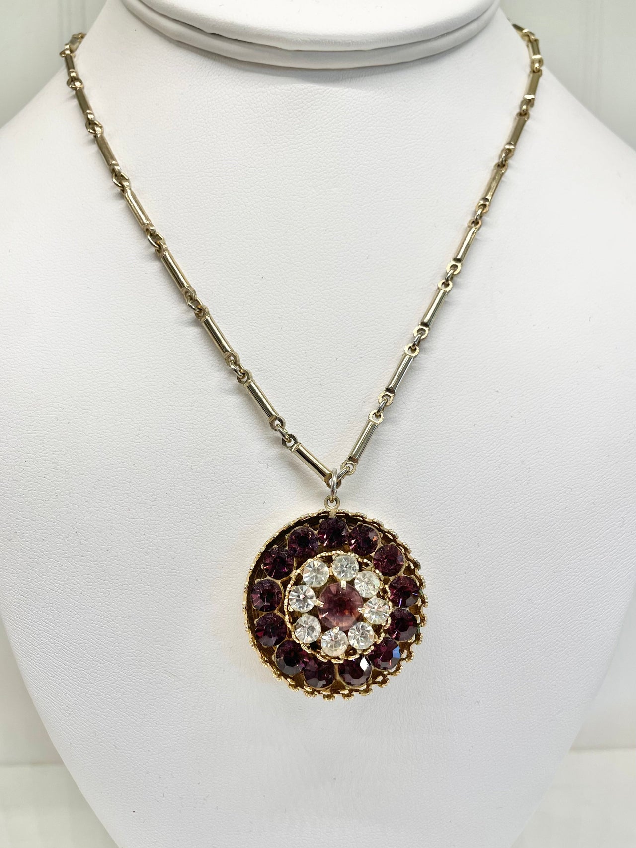 1960s Purple Rhinestone Circle Pendant Necklace Jewelry Bloomers and Frocks 