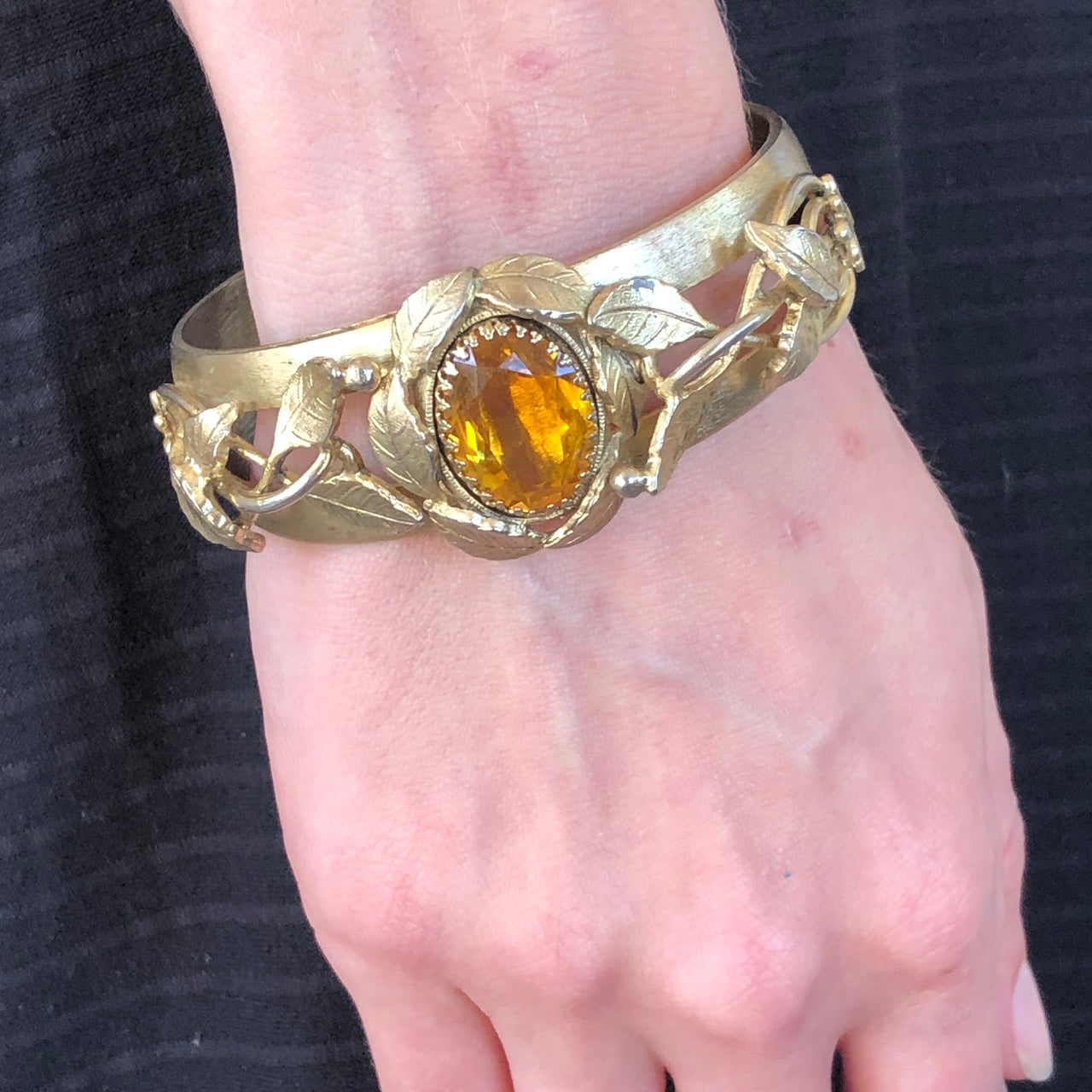 1960s Whiting and Davis Gold and Amber Glass Bangle Bracelet Jewelry Bloomers and Frocks 