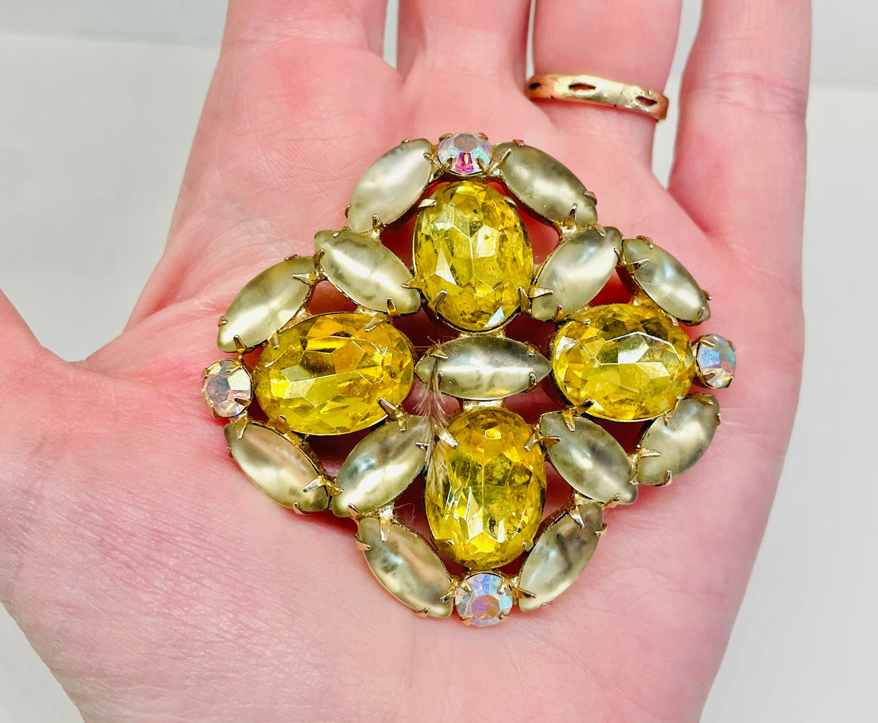 1960s Yellow AB and Grey Rhinestone Brooch Jewelry Bloomers and Frocks 
