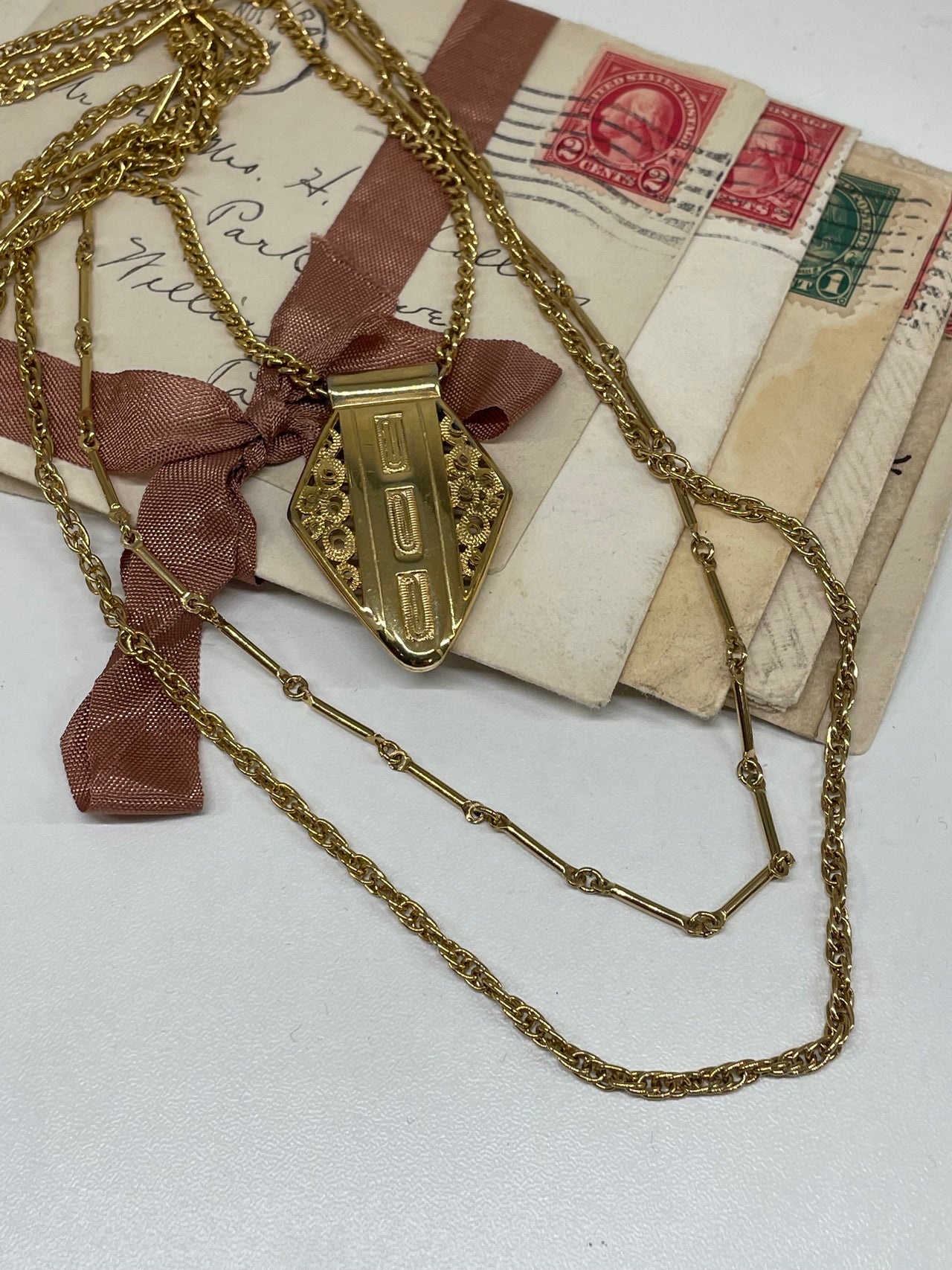 1970’s 3 Strand Gold Chain Necklace with Shield Pendant Bloomers and Frocks 