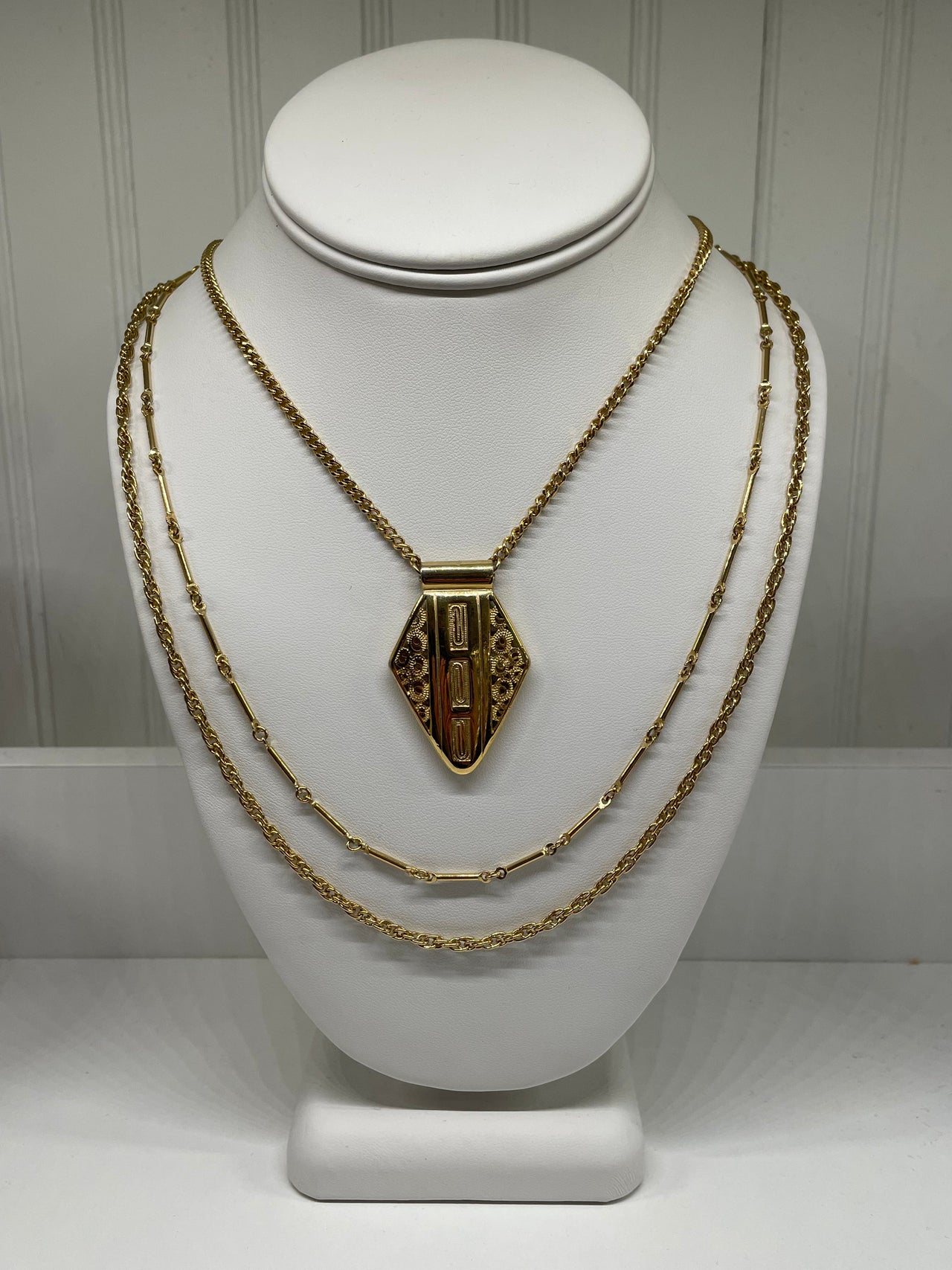 1970’s 3 Strand Gold Chain Necklace with Shield Pendant Bloomers and Frocks 