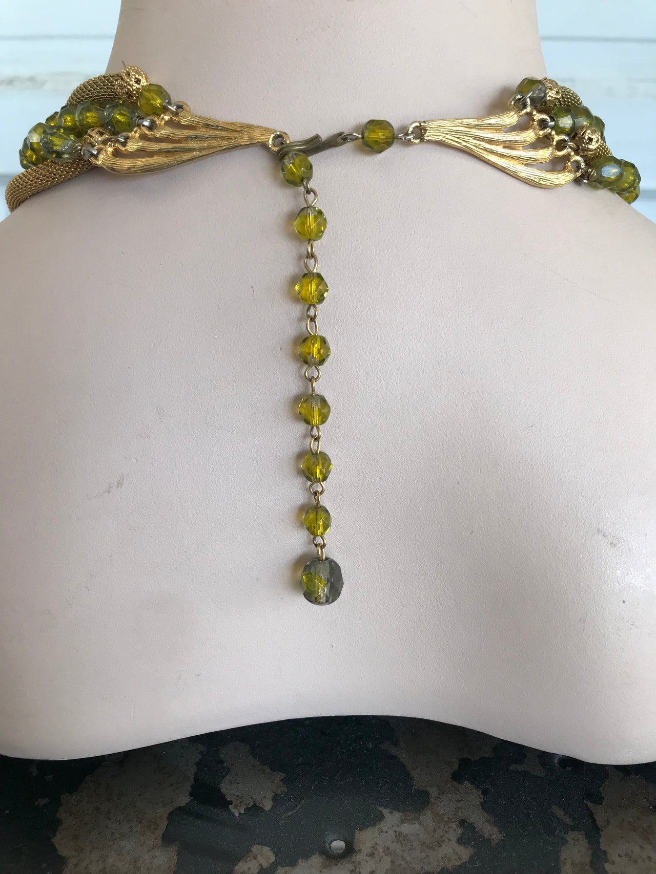 1970’s Mesh Gold and Green Bead Necklace Jewelry Bloomers and Frocks 