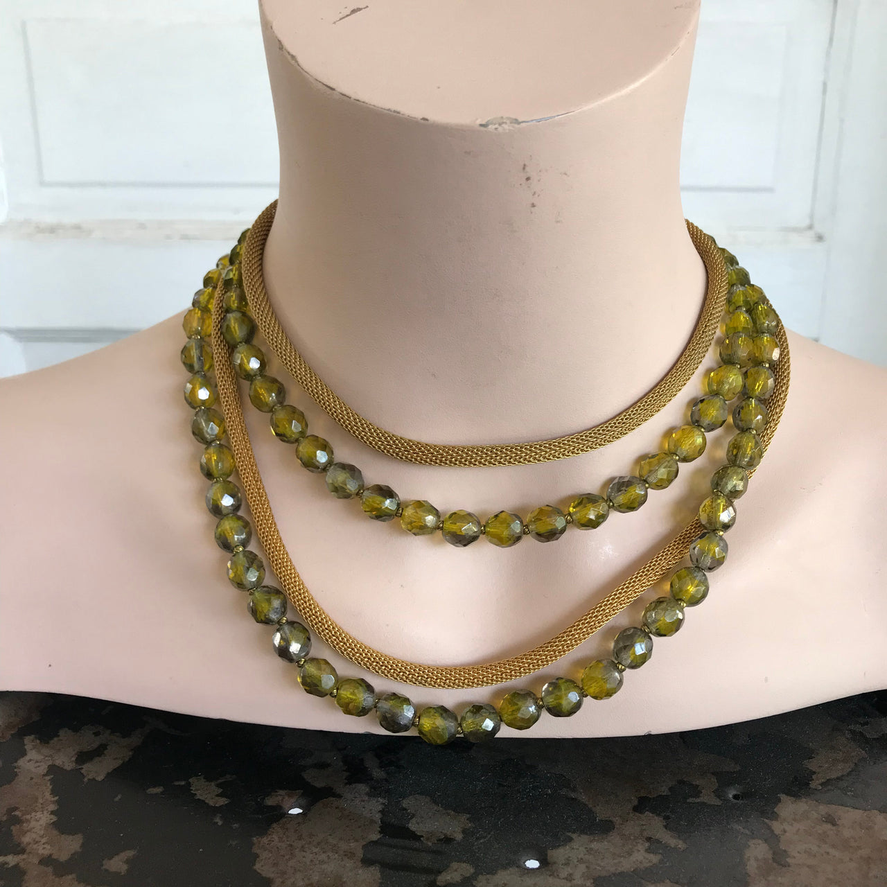 1970’s Mesh Gold and Green Bead Necklace Jewelry Bloomers and Frocks 