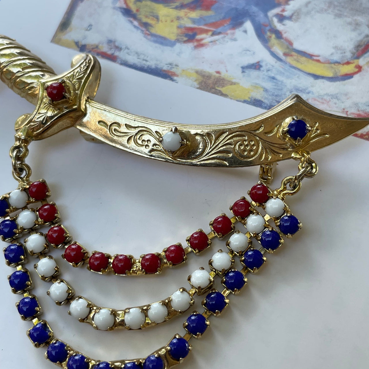 1970s Red, White, and Blue Sword Brooch Jewelry Bloomers and Frocks 