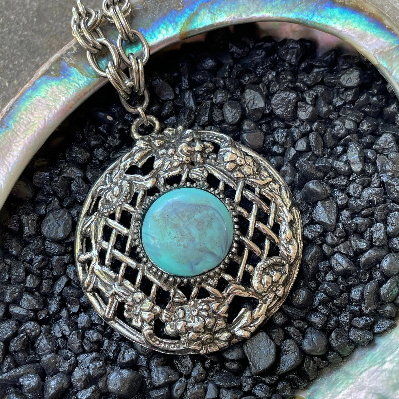 1970s Silver and Faux Turquoise Cabochon Necklace Jewelry Bloomers and Frocks 