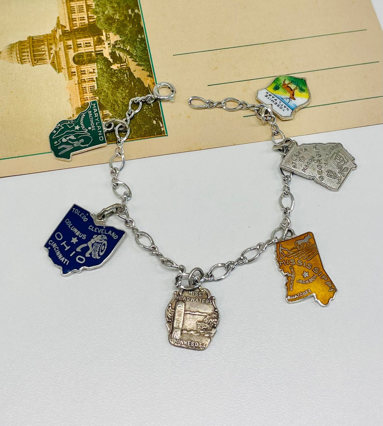 1970s Sterling Silver State Enamel Charm Bracelet Jewelry Bloomers and Frocks 