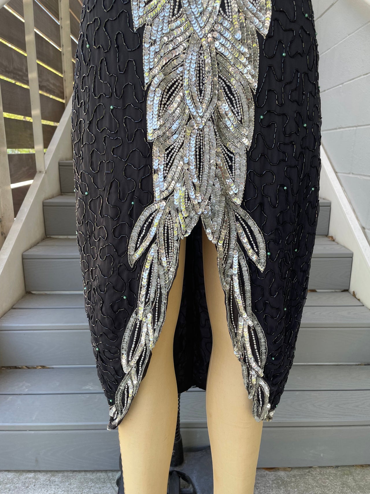 1980's Black and Silver Sequin "Feathered" Dress Dress Bloomers and Frocks 