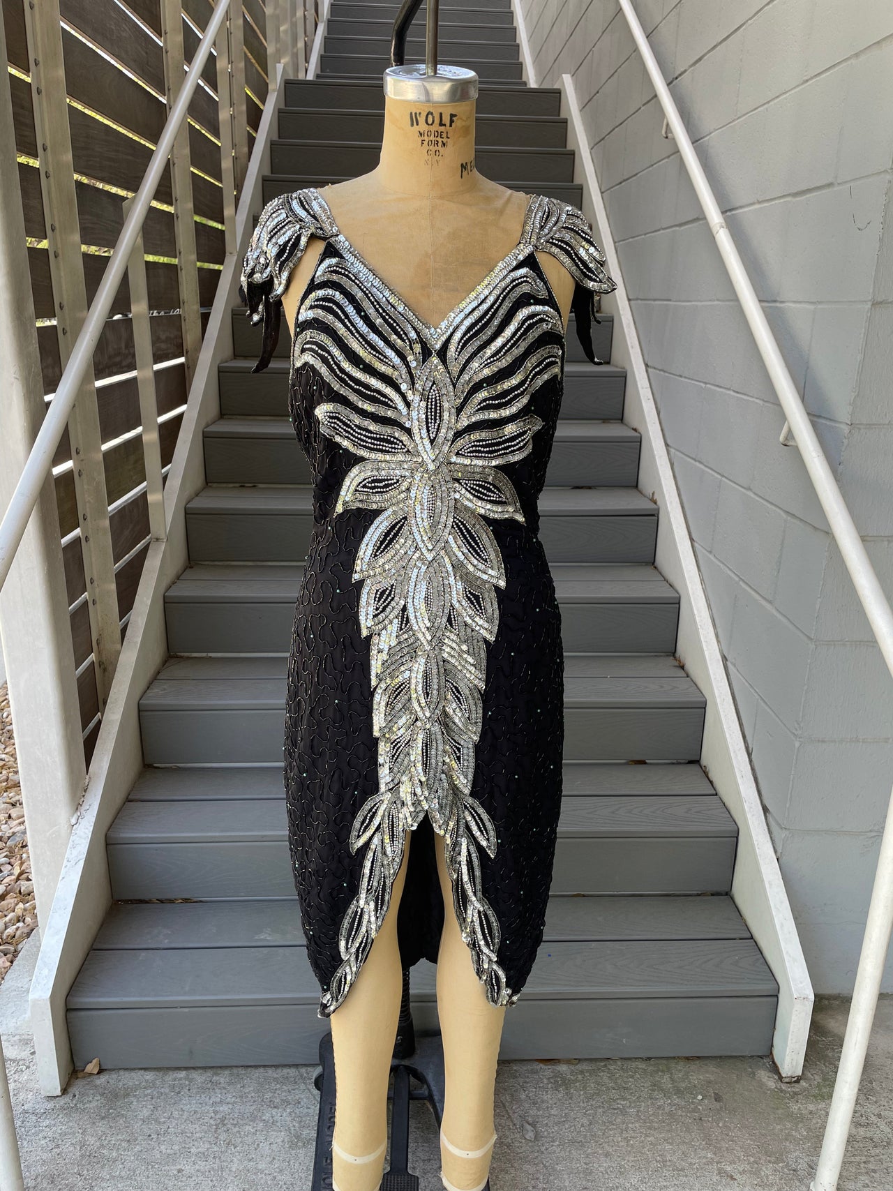 1980's Black and Silver Sequin "Feathered" Dress Dress Bloomers and Frocks 