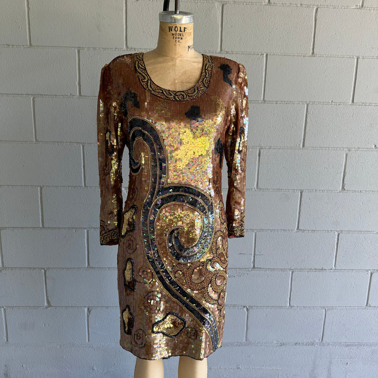1980’s Bronze and Gold Beaded Dress Dress Bloomers and Frocks 