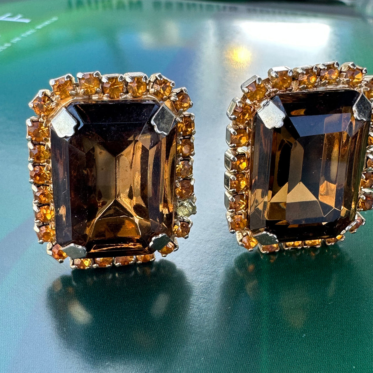 1980s Brown and Topaz Rhinestone Clip Earrings Bloomers and Frocks 