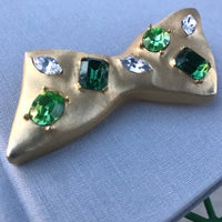 Thumbnail for 1980s Green and Clear Rhinestone Abstract Bow Brooch Jewelry Bloomers and Frocks 