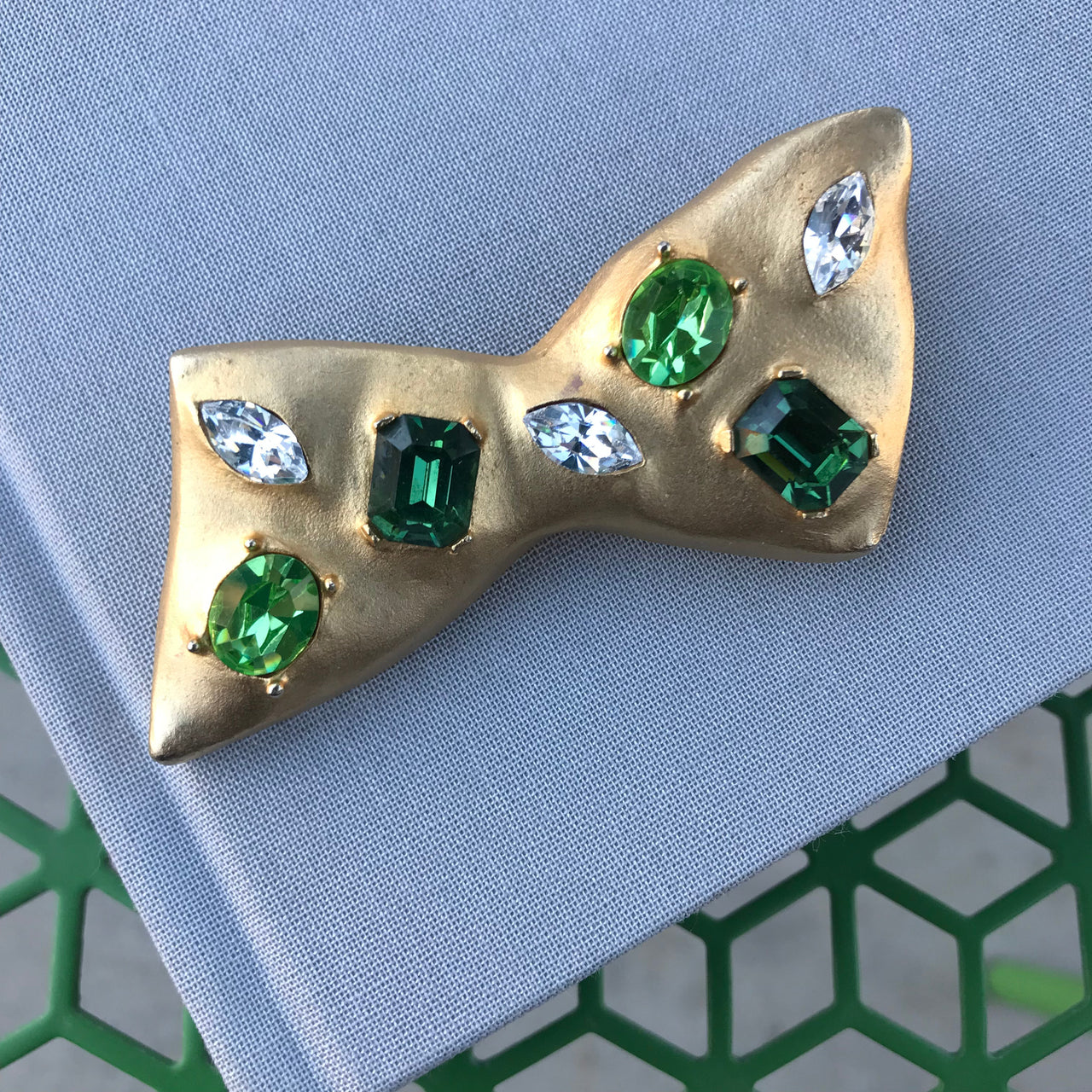 1980s Green and Clear Rhinestone Abstract Bow Brooch Jewelry Bloomers and Frocks 