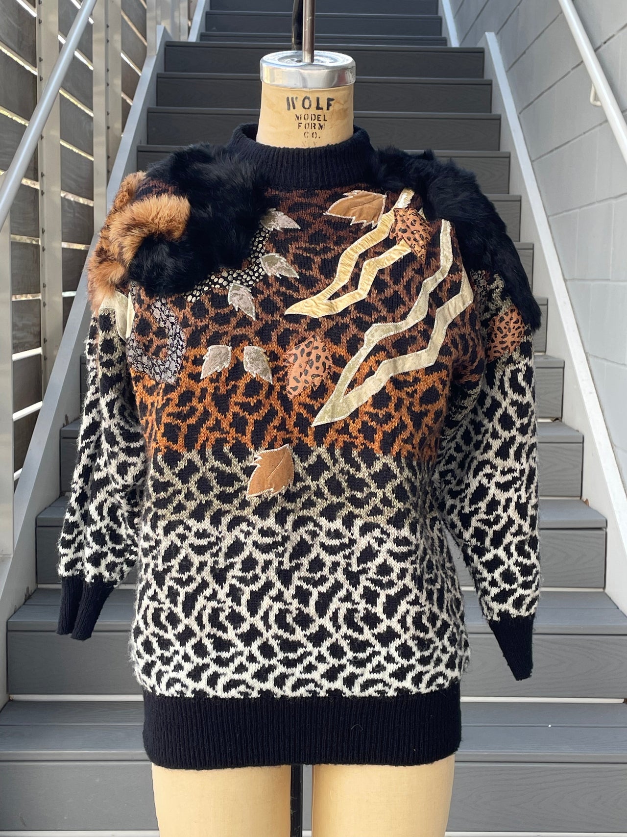 1980s Mariea Kim Animal Print Sweater with Faux Fur Accents Bloomers and Frocks 