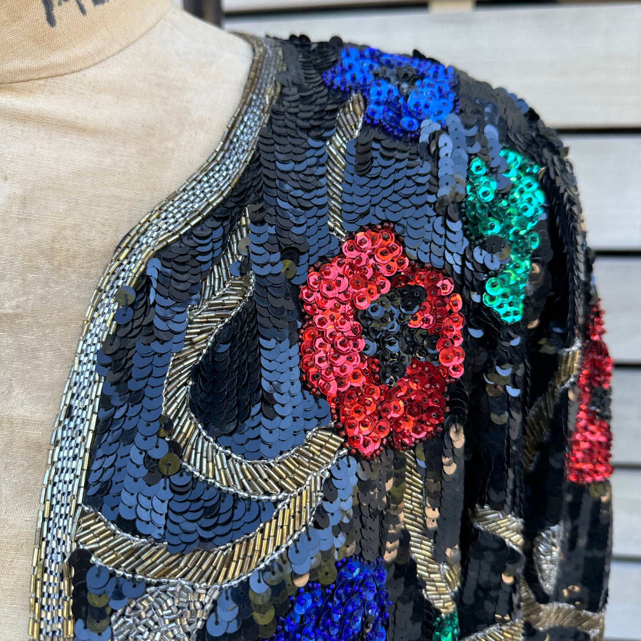 1980s Scalia Black Sequin Jacket with Multicolored Flowers Bloomers and Frocks 