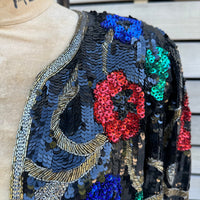 Thumbnail for 1980s Scalia Black Sequin Jacket with Multicolored Flowers Bloomers and Frocks 