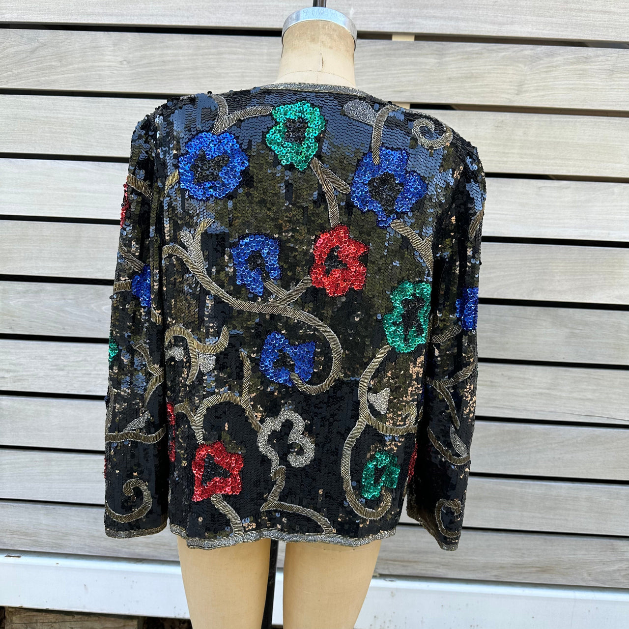 1980s Scalia Black Sequin Jacket with Multicolored Flowers Bloomers and Frocks 