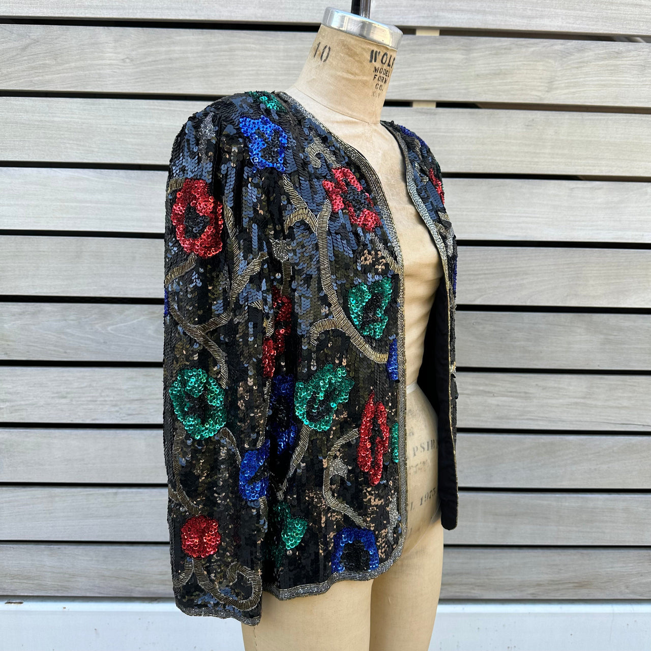 1980s Scalia Black Sequin Jacket with Multicolored Flowers Bloomers and Frocks 