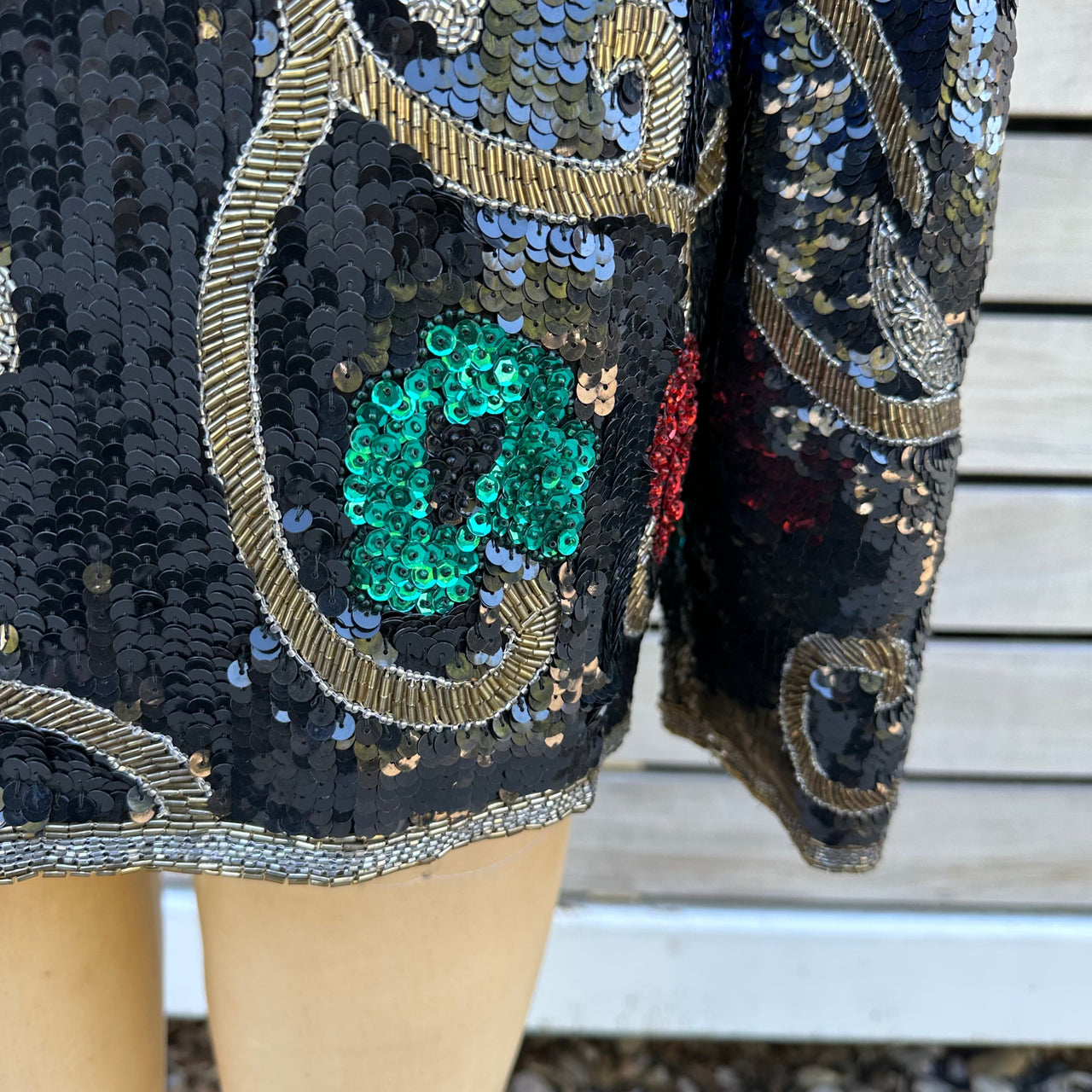 1980s Scalia Black Sequin Jacket with Multicolored Flowers Bloomers and Frocks 