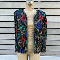 Thumbnail for 1980s Scalia Black Sequin Jacket with Multicolored Flowers Bloomers and Frocks 