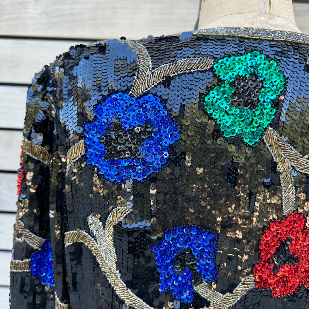 1980s Scalia Black Sequin Jacket with Multicolored Flowers Bloomers and Frocks 