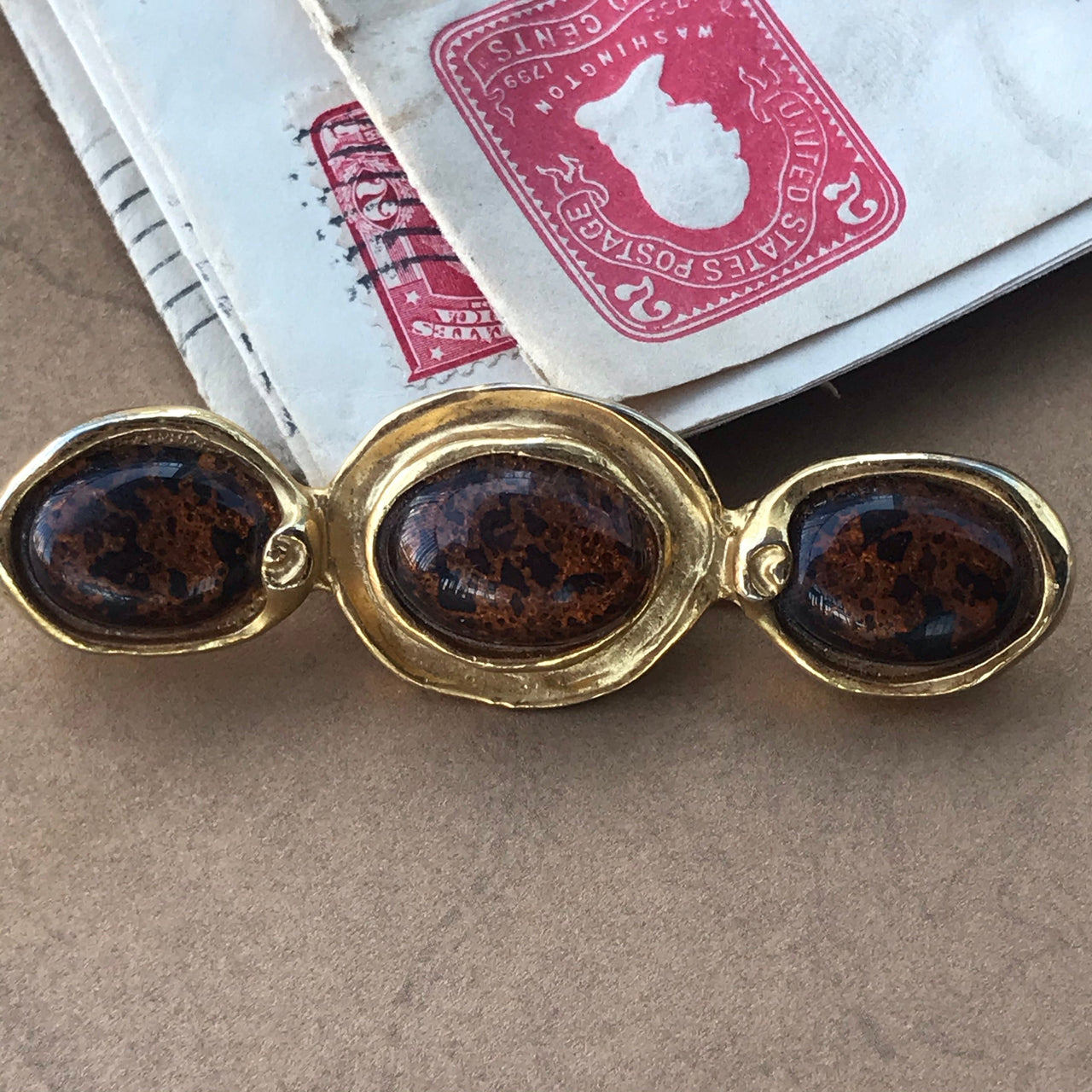 3 Stone Brown Brushed Gold Cabochon Brooch Jewelry Bloomers and Frocks 