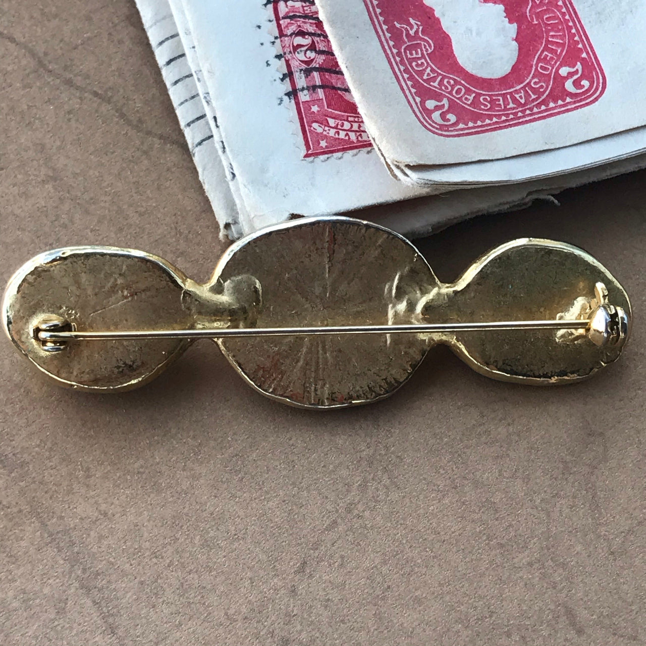 3 Stone Brown Brushed Gold Cabochon Brooch Jewelry Bloomers and Frocks 