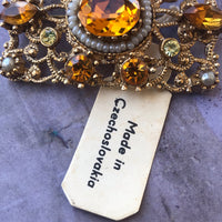 Thumbnail for Amber Czech Rhinestone + Pearl Gold Brooch Jewelry Bloomers and Frocks 