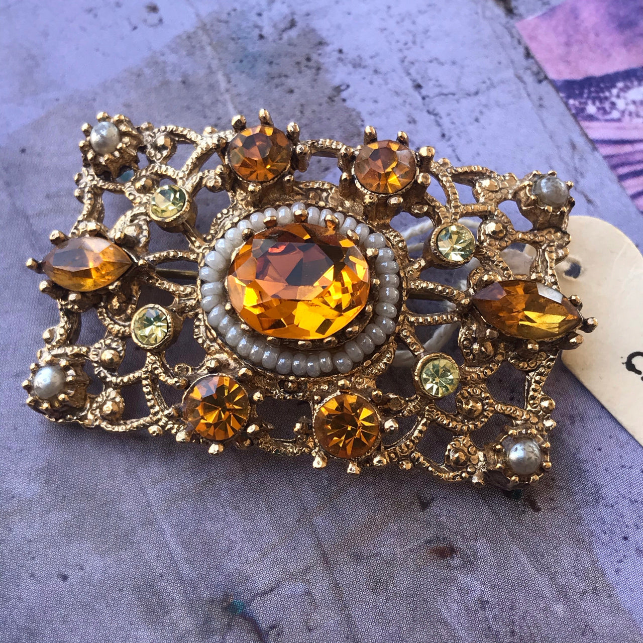 Amber Czech Rhinestone + Pearl Gold Brooch Jewelry Bloomers and Frocks 