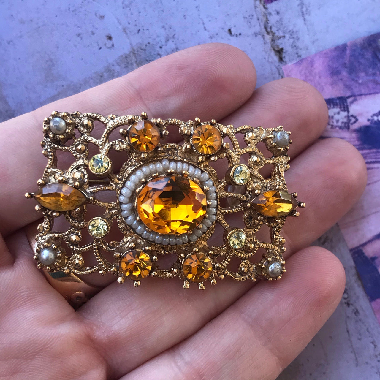 Amber Czech Rhinestone + Pearl Gold Brooch Jewelry Bloomers and Frocks 