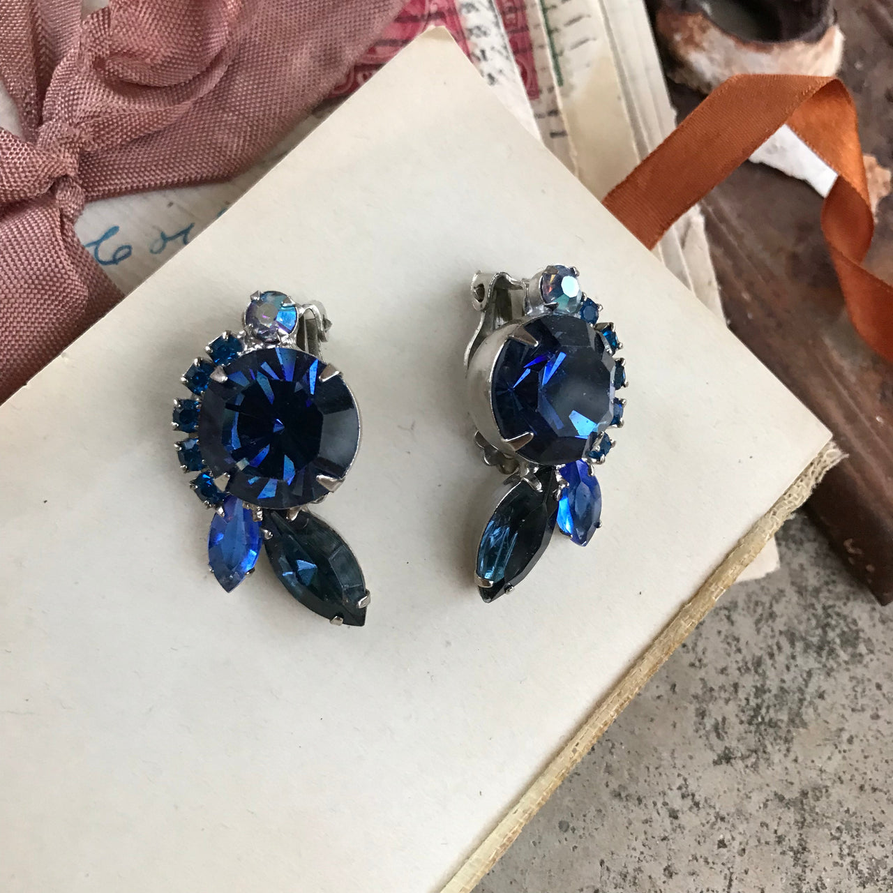 Blue Rhinestone Clip Earrings Jewelry Bloomers and Frocks 