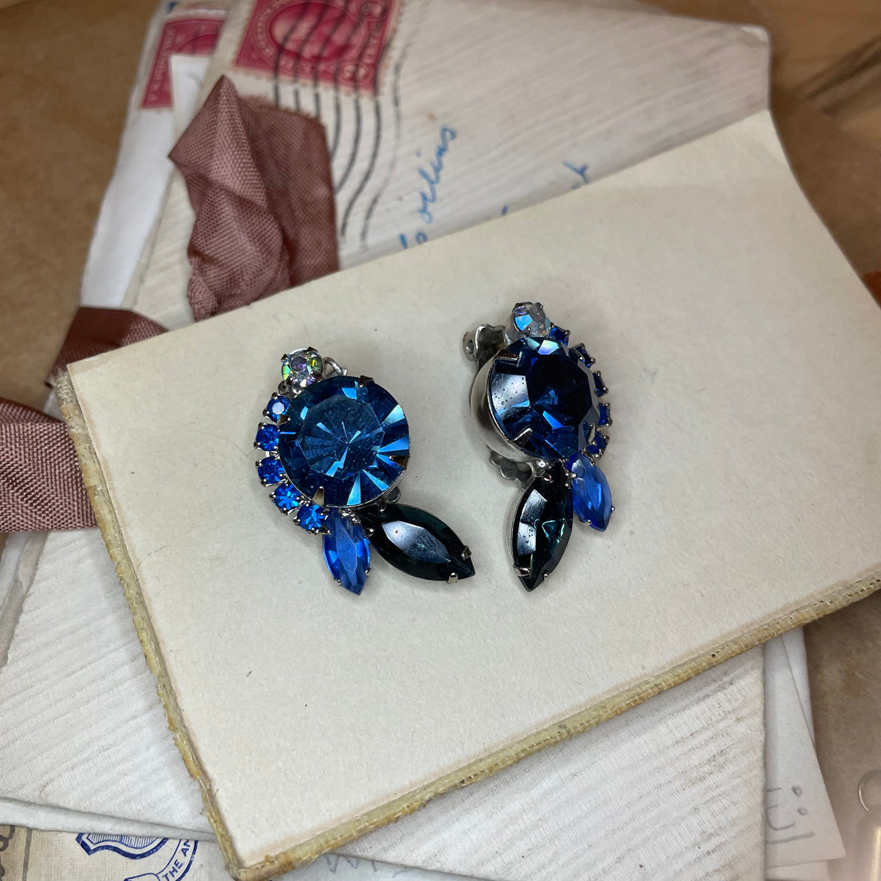 Blue Rhinestone Clip Earrings Jewelry Bloomers and Frocks 