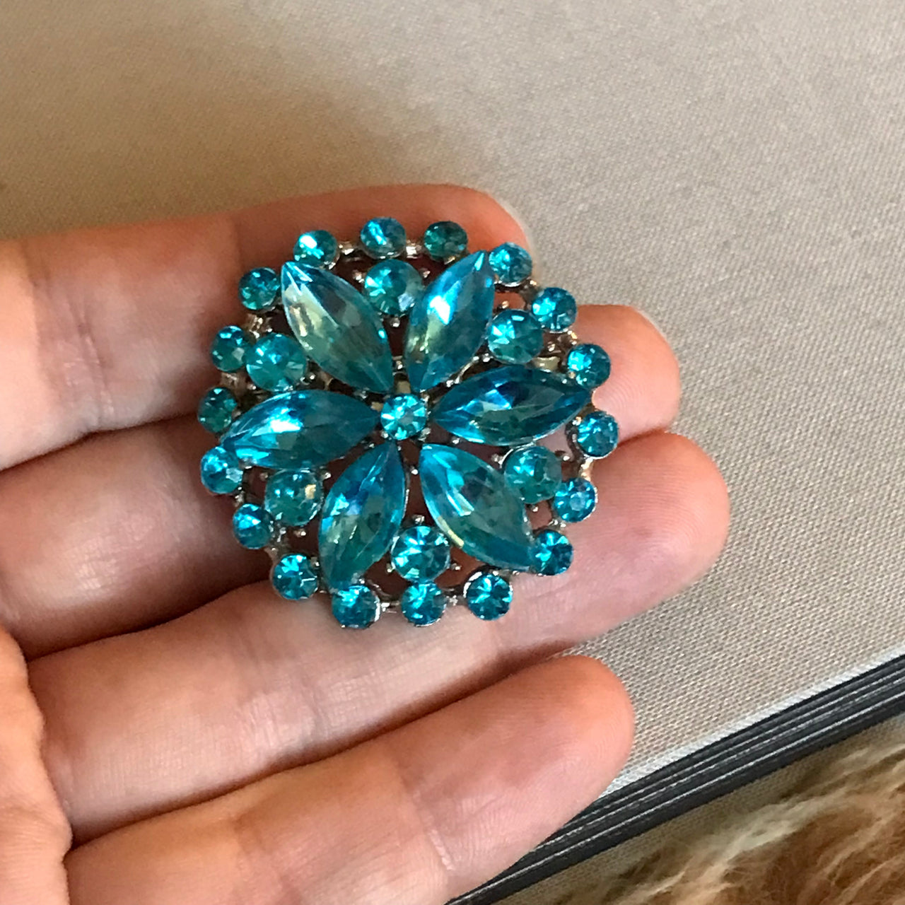 Blue Rhinestone Floral Burst Brooch Jewelry Bloomers and Frocks 