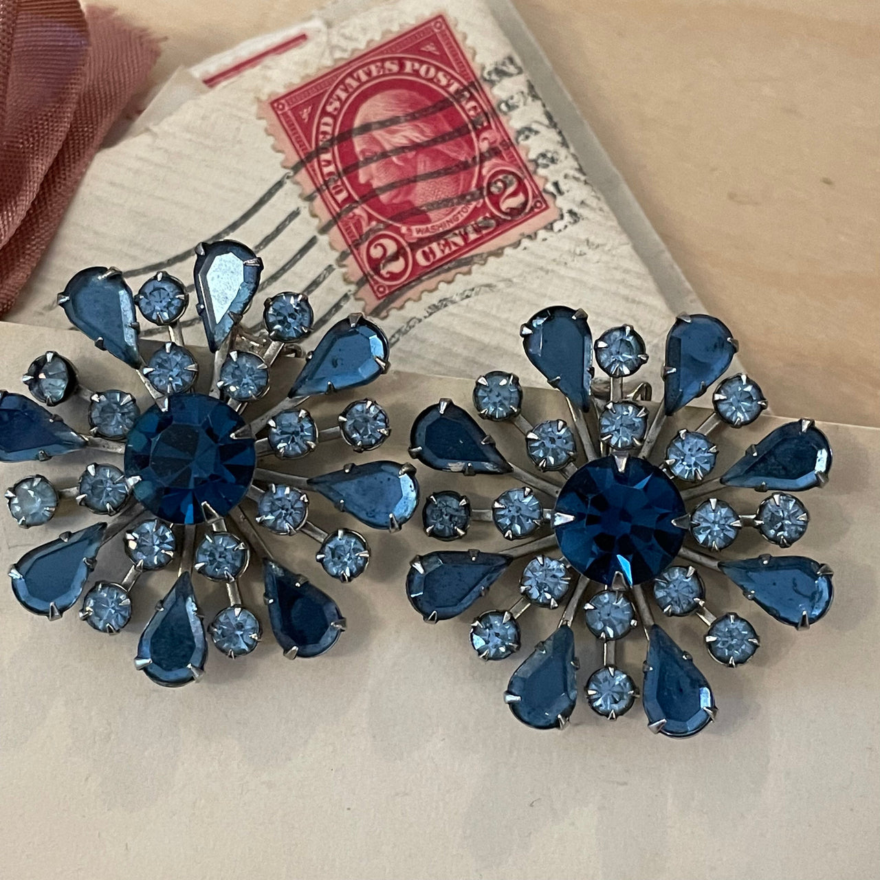 Blue Rhinestone Flower Clip Earrings Jewelry Bloomers and Frocks 