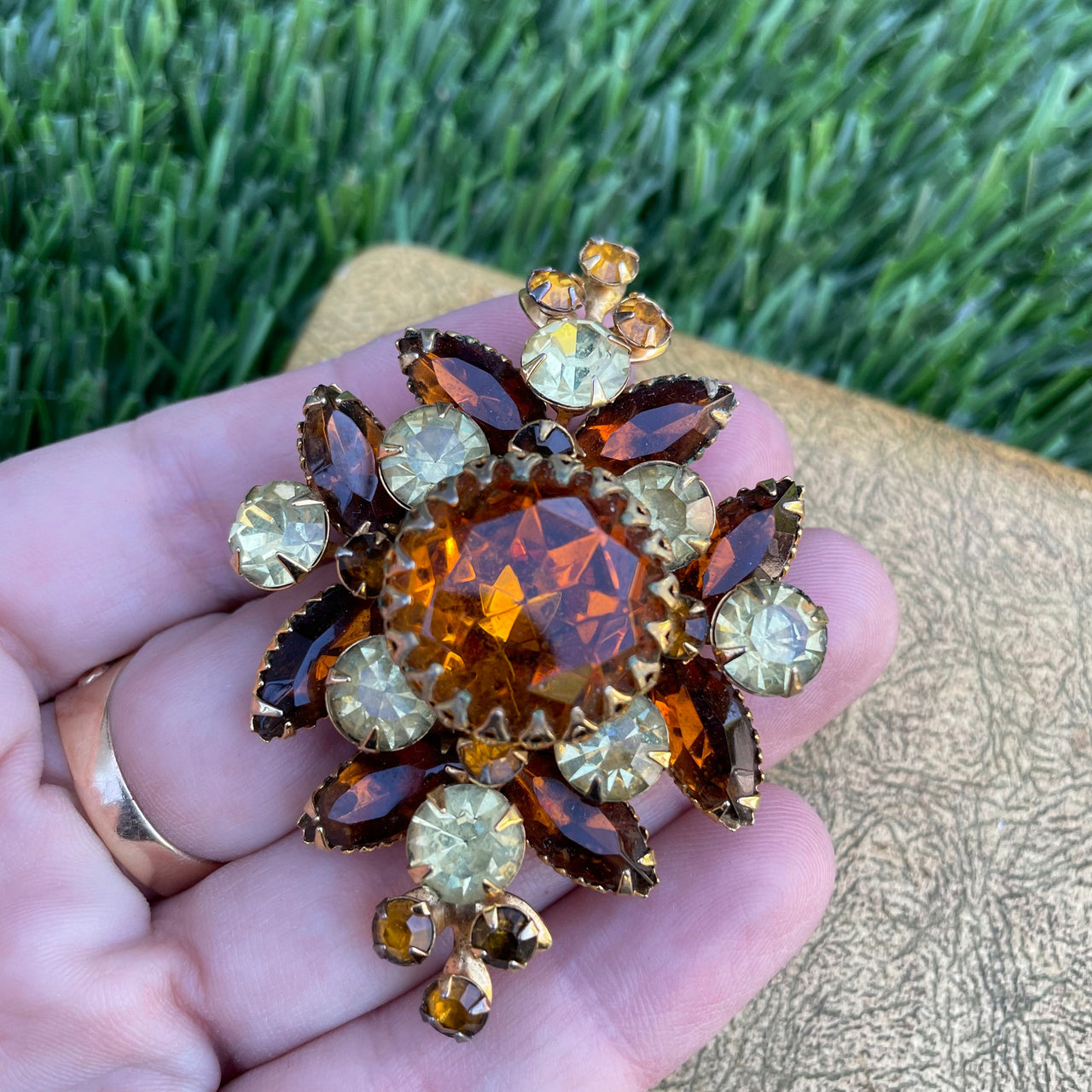 Brown and Yellow Rhinestone Brooch Jewelry Bloomers and Frocks 