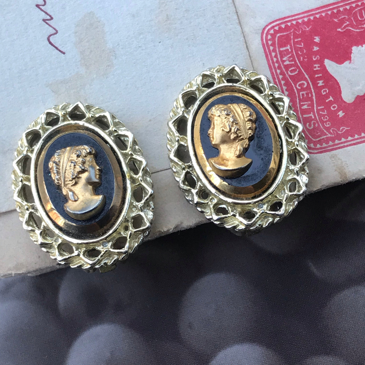 Gold and Black Cameo Clip Earrings Jewelry Bloomers and Frocks 
