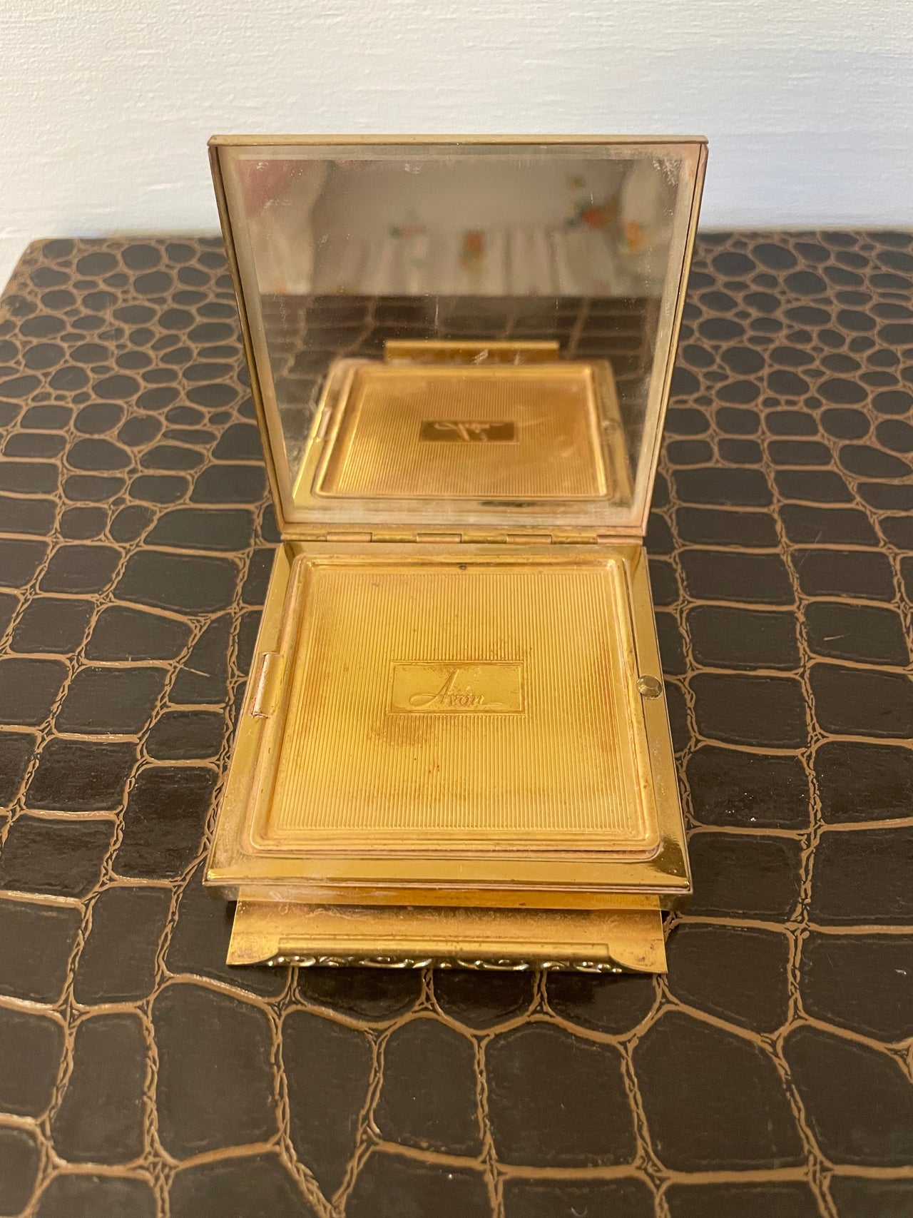 Gold Avon Compact with Stripes and Filigree Bloomers and Frocks 