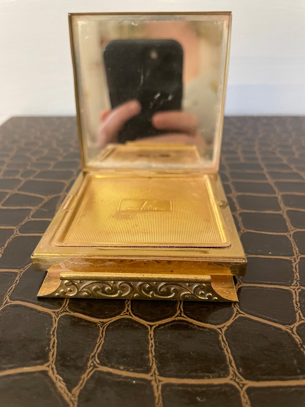 Gold Avon Compact with Stripes and Filigree Bloomers and Frocks 