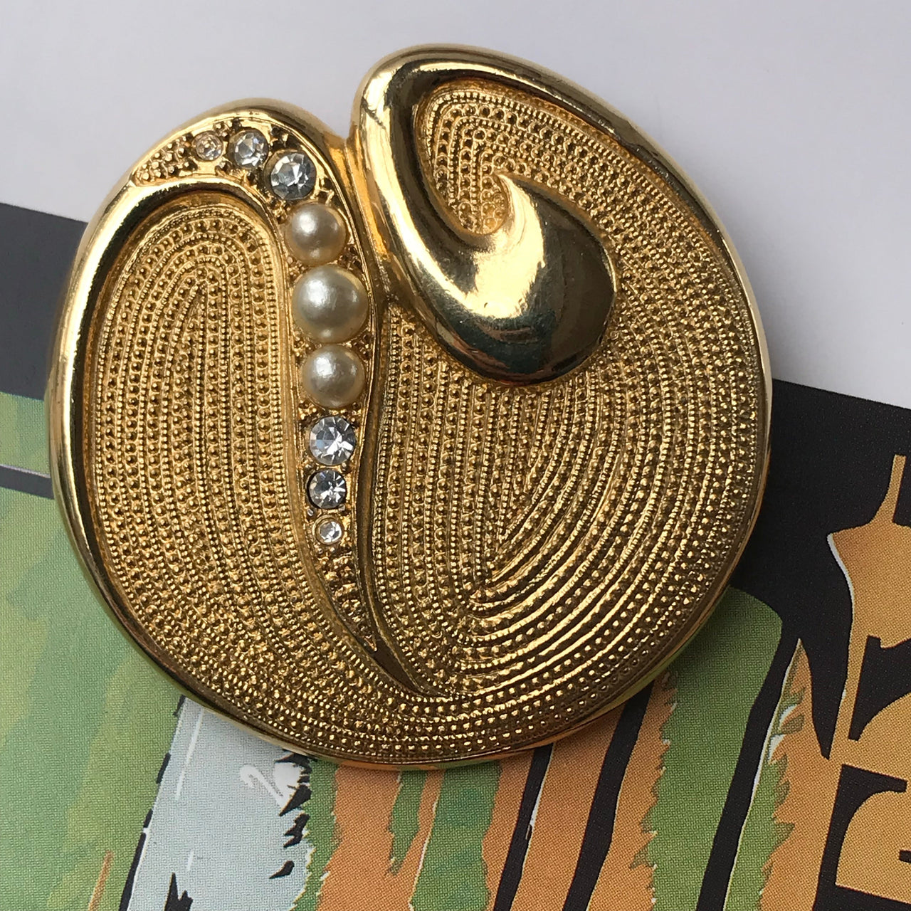 Gold Round Brooch with Pearl Accents Jewelry Bloomers and Frocks 