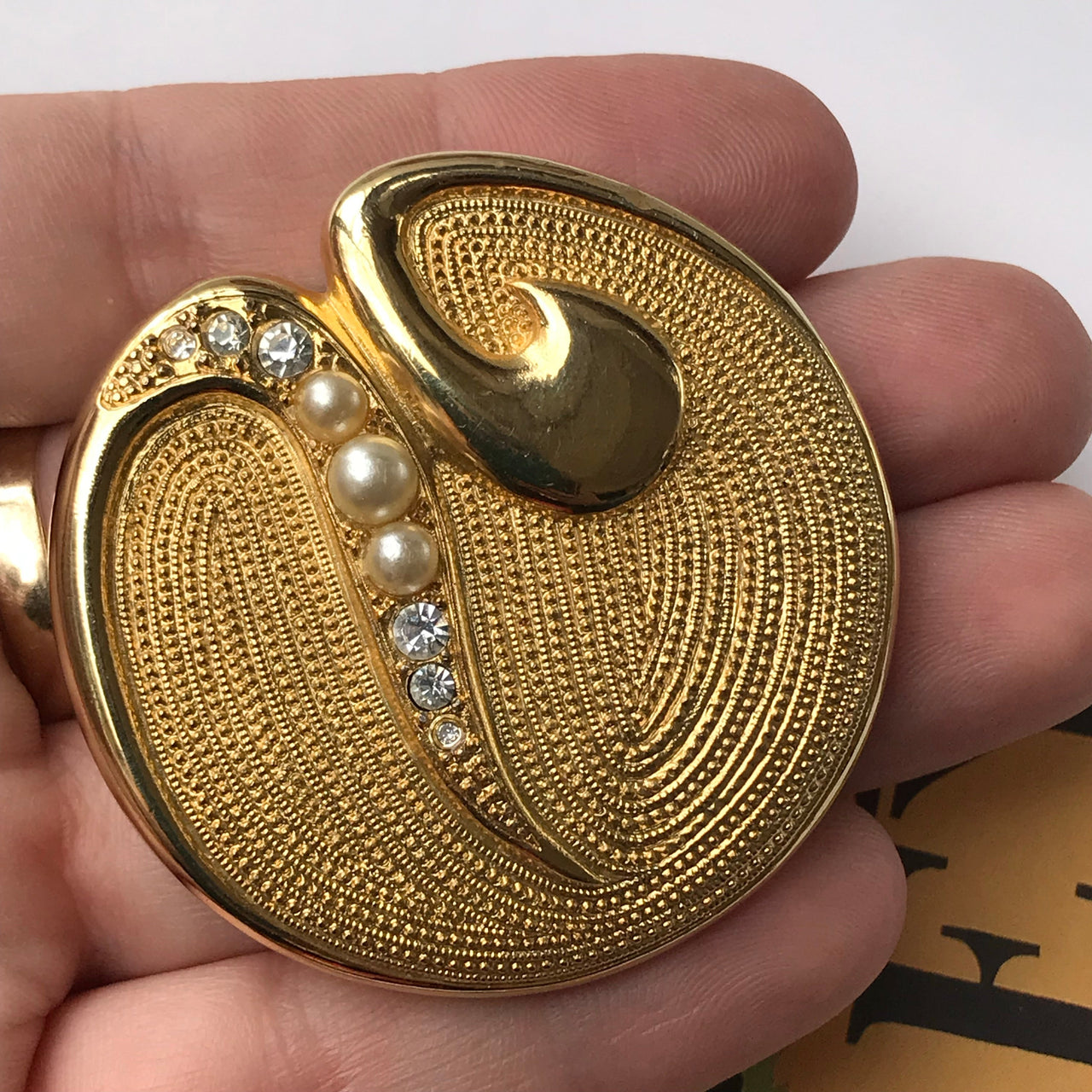 Gold Round Brooch with Pearl Accents Jewelry Bloomers and Frocks 