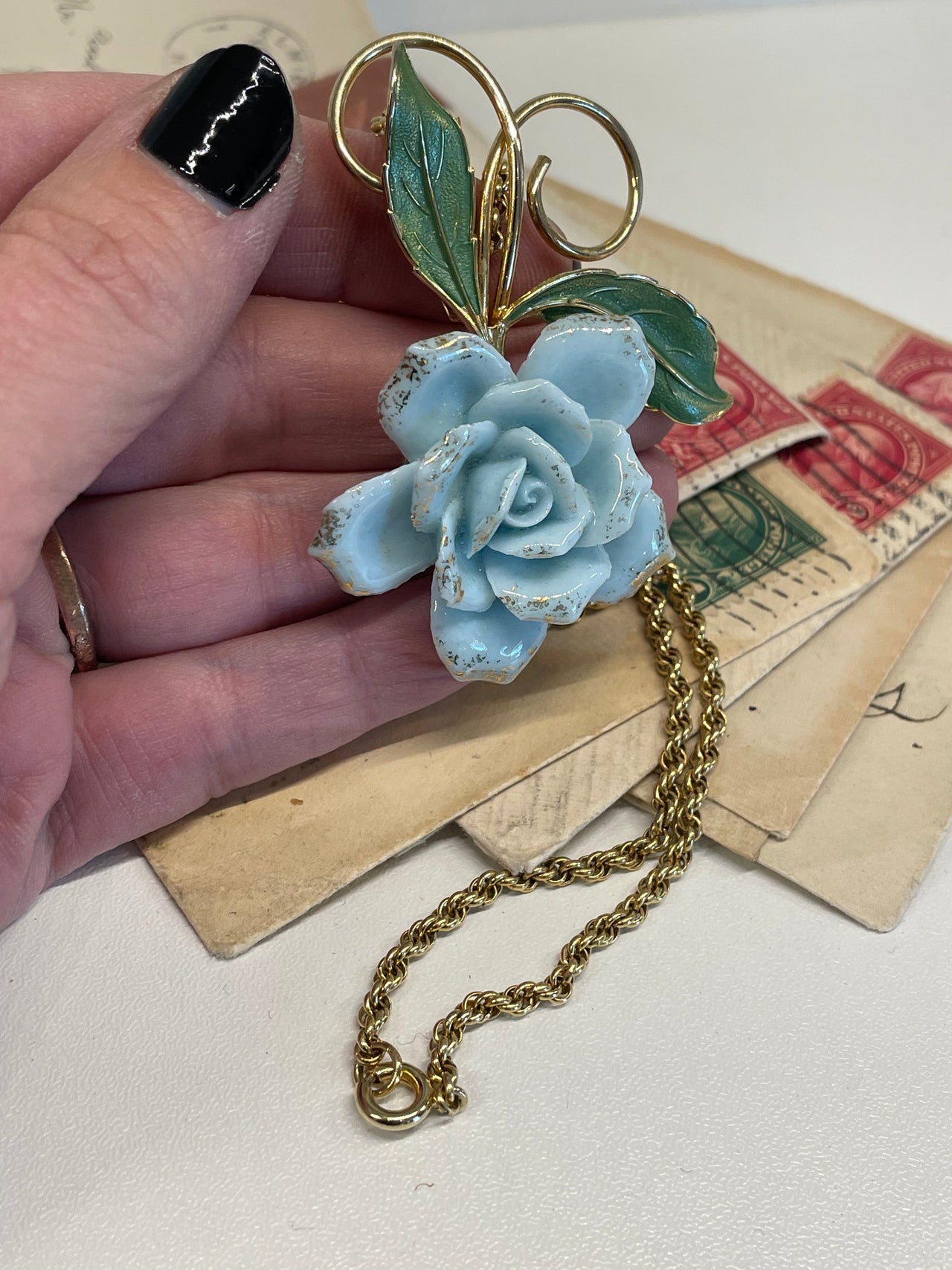 Hobe 1966 Blue Flower Pendant with Gold Rope Chain Bloomers and Frocks 