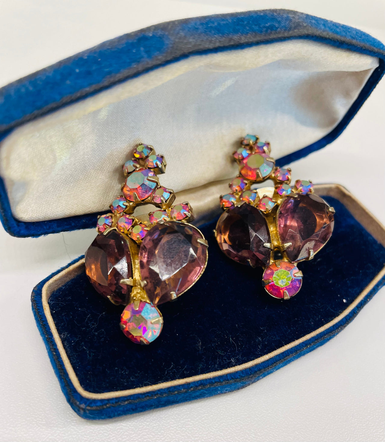 Large AB Rhinestone Purple Teardrop Clip Earrings Jewelry Bloomers and Frocks 