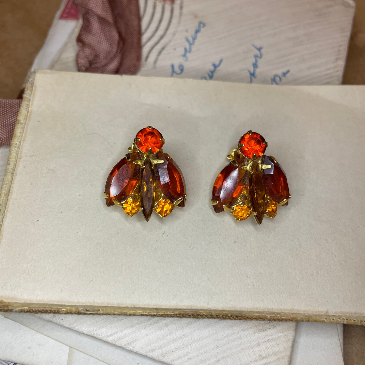 Orange Rhinestone Clip Earrings Jewelry Bloomers and Frocks 