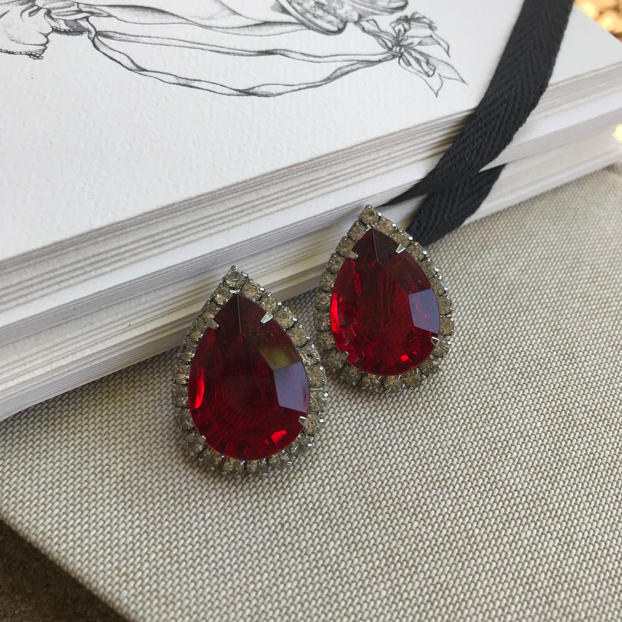Red Pear Shaped Rhinestone Earrings Jewelry Bloomers and Frocks 