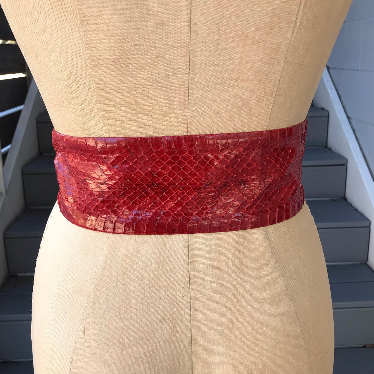 Red Snakeskin Belt with Goldtone Douglas Paquette Belt Buckle Accessory Bloomers and Frocks 