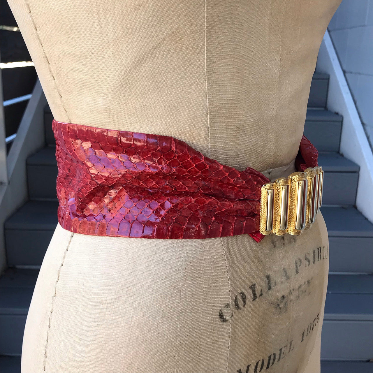 Red Snakeskin Belt with Goldtone Douglas Paquette Belt Buckle Accessory Bloomers and Frocks 