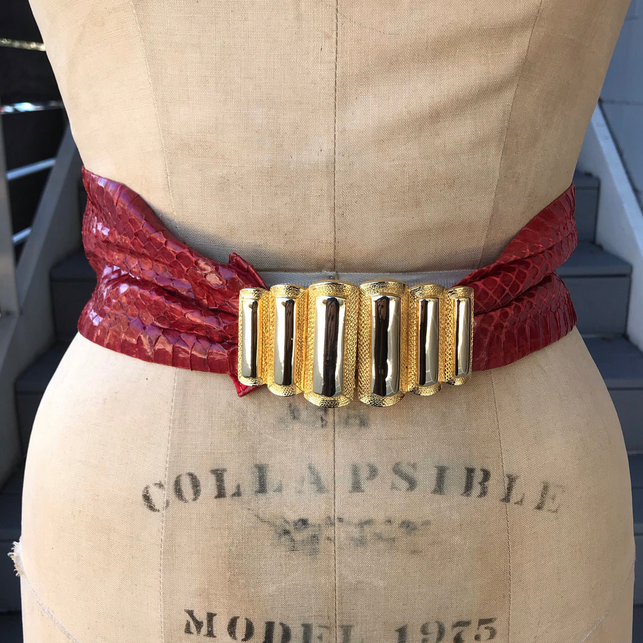 Red Snakeskin Belt with Goldtone Douglas Paquette Belt Buckle Accessory Bloomers and Frocks 